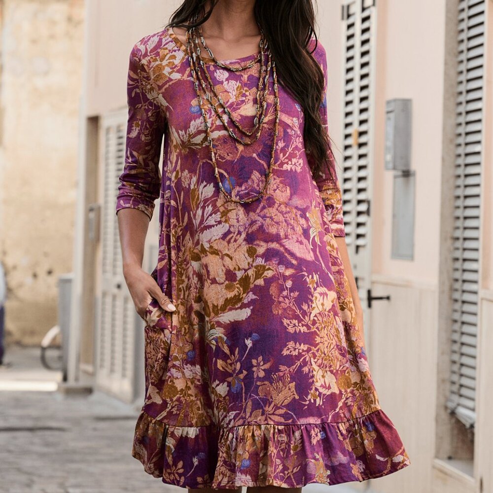 Peruvian Connection Wild Orchid T Shirt Dress Small Pink Floral Pockets